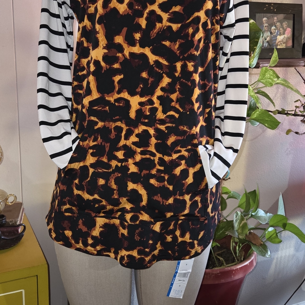 LuLaRoe Leopard Print Hoodie with Striped Sleeves